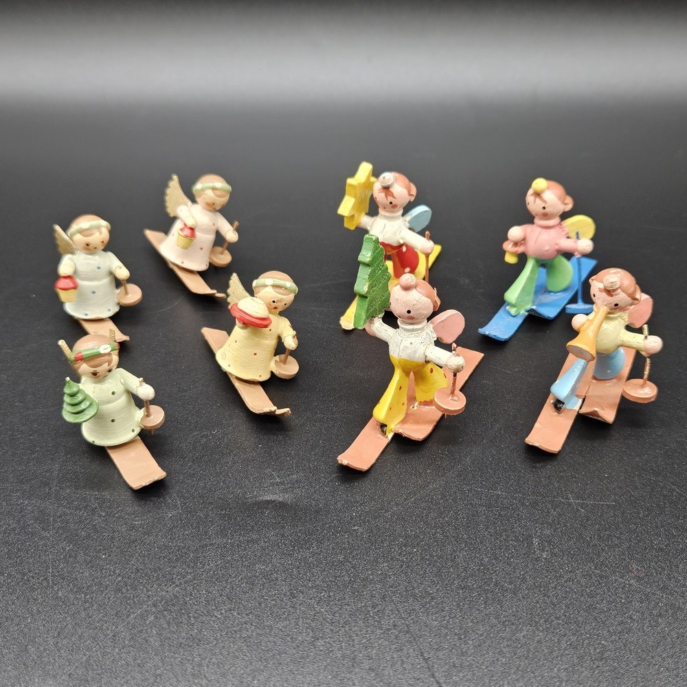 Vtg Sevi Angels Skiers Ski Ornaments Italian Italy Wooden Musical Lot Of 8